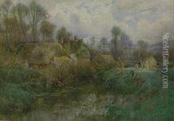 Extensive River Landscape With Figure Fishing In The Foreground, Cottages Beyond Oil Painting - Tom Clough
