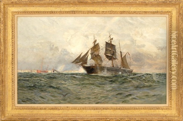 Ship Off The Coast With A Rainbow In The Background Oil Painting - Carlton Theodore Chapman