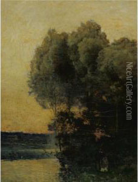A Stroll Along The River Bank Oil Painting - Karl Pierre Daubigny