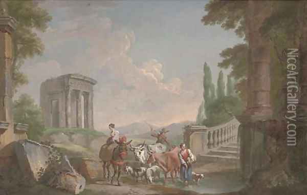 A landscape with classical ruins and drovers and their cattle at a pond Oil Painting - Hubert Robert