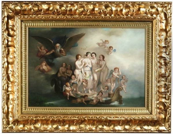 Venus Mit Den Drei Grazien Und Zahlreichen Putti In Einem Nachen, Von Kronos Begleitet Oil Painting - Juliaan de Vriendt