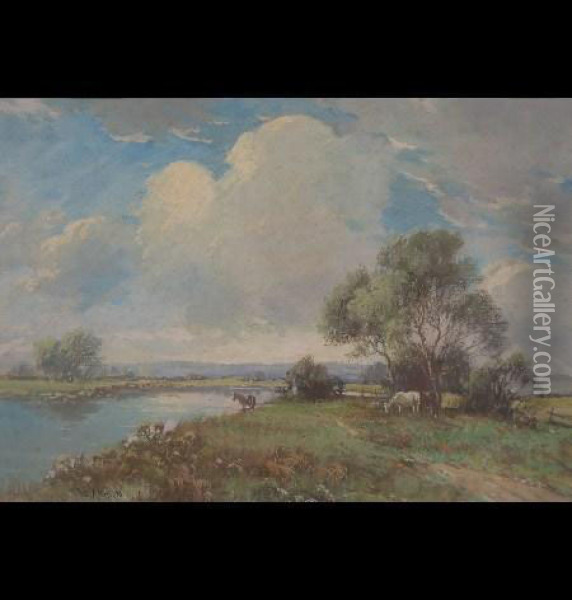 Horses Beside A River Oil Painting - William Ashton