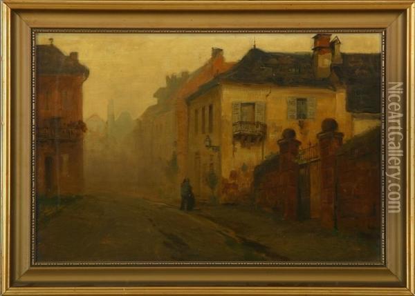 Townscape With Two Perons Hugging Eachother Oil Painting - Henrik Backer