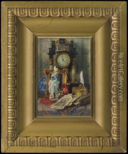 Still Life With A Clock Oil Painting - Josef Schuster