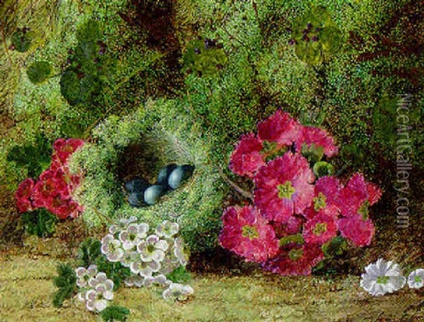 Primulas, Apple Blossom, And A Bird's Nest With Eggs On A Mossy Bank Oil Painting - Oliver Clare