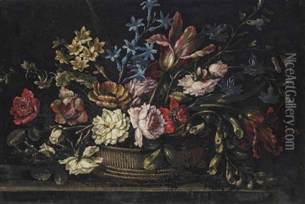 Parrot Tulips, Roses, Morning Glories And Other Flowers In A Basket Oil Painting - Francesco Volo