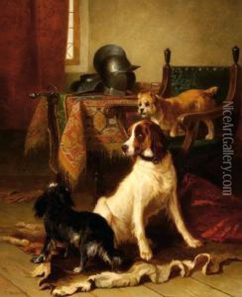 Three Dogs In An Interior Oil Painting - Conradyn Cunaeus