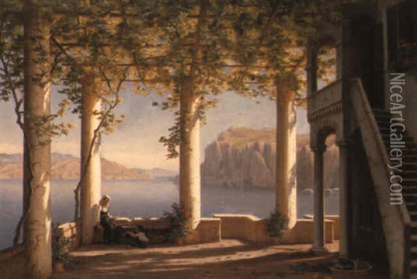A Sunny Terrace, Amalfi Oil Painting - Eiler Rasmussen Eilersen
