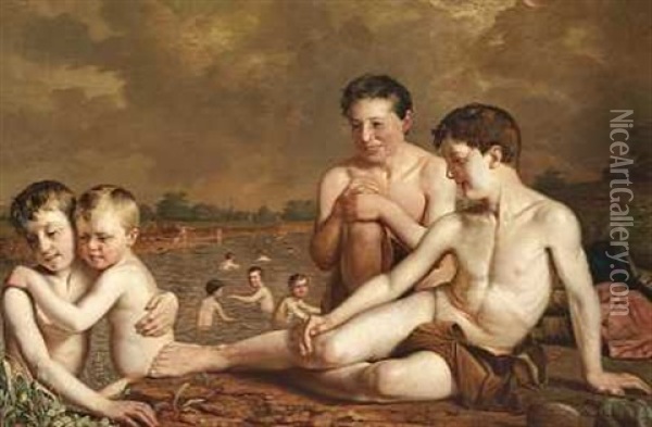 Badende Drenge I Engelsk Flodlandskab Oil Painting - Hugh Collins
