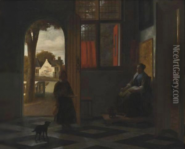A Woman Seated By A Window With A Child In A Doorway Oil Painting - Pieter De Hooch