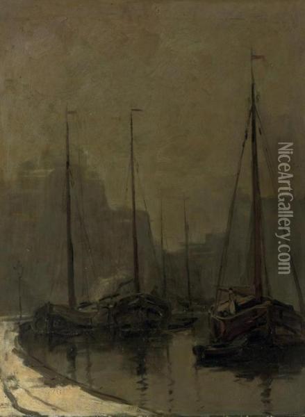 Moored Vessels Along A Quay In Winter Oil Painting - Arnold Marc Gorter