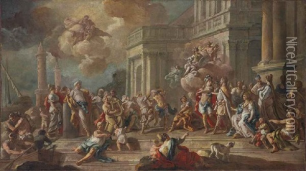 Latinus Welcomes Aeneas And Offers His Daughter Lavinia In Marriage Oil Painting - Francesco de Mura