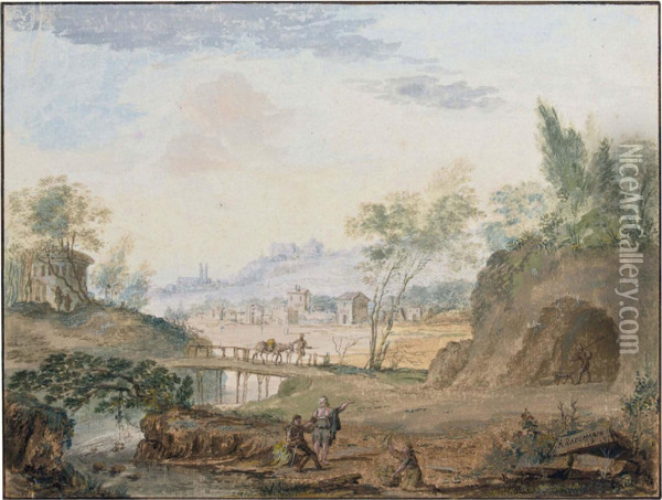An Italianate Landscape With A Chapel Beside A Lake Oil Painting - Abraham Rademaker