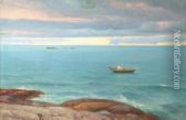 Mann I Pram Ved Havet Oil Painting - Hjalmar Johnsen