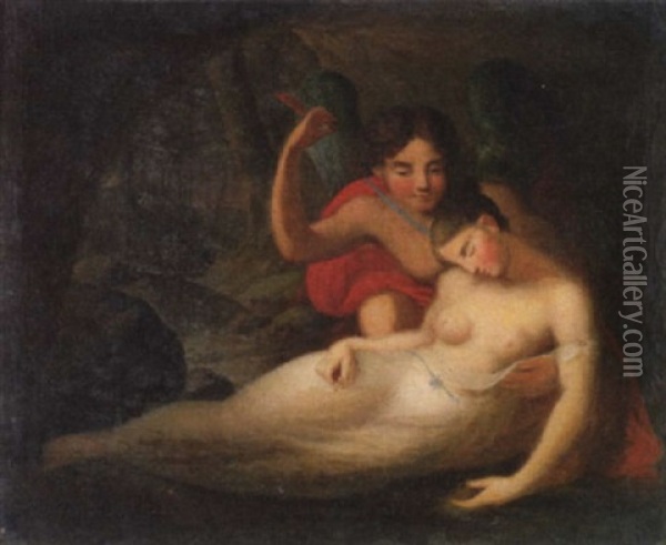 Amor Med Halvnogen Kvinde I Lette Gevandter Oil Painting - Carl (John Charles Frederick) Viertel