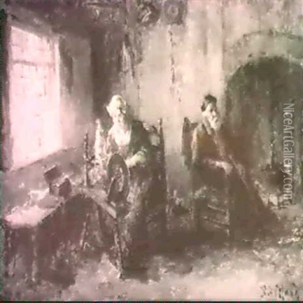 An Interior With A Spinning Woman Oil Painting - Bernard de Hoog