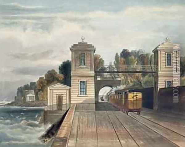 Dublin and Kingstown Railway Granite Pavilions and Tunnel Entrance at Lord Cloncurrys Demesne of Maratimo near Blackrock Kingstown Harbour in the Distance Oil Painting - Andrew Nicholl