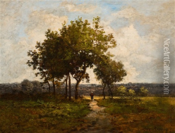 Landscape With Walkers In The Area Of Fontainebleau Oil Painting - Leon Richet