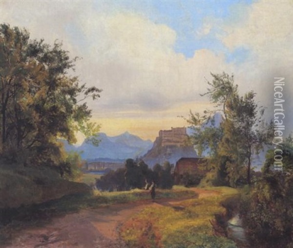 Hohen Salzburg Vom Fuse Des Kreutzberges Aus Gesehen Oil Painting - Carl Geyling