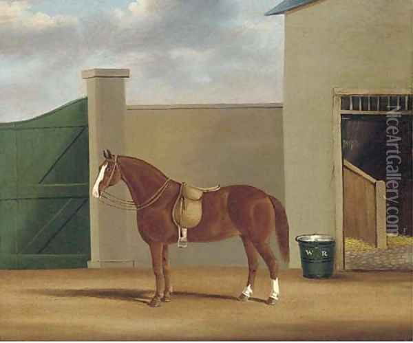A chestnut hunter in a stable yard Oil Painting - English School