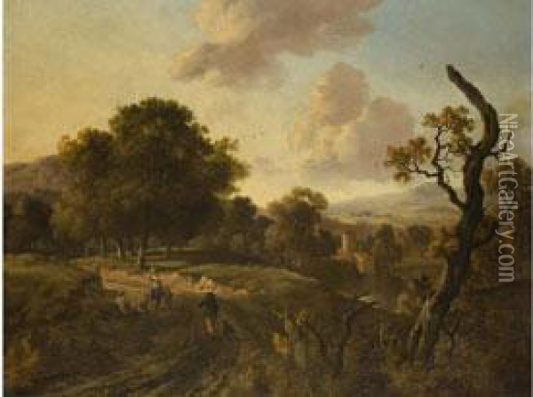 Landschaft Mit Eichenwald,
 Burg Und Figurenstaffage Oil Painting - Jan Wijnants