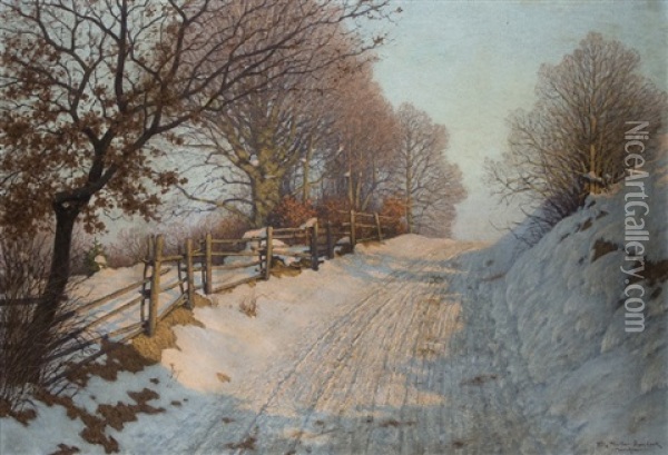 Winter Sun On The Snowy Lane Oil Painting - Fritz Mueller-Landeck