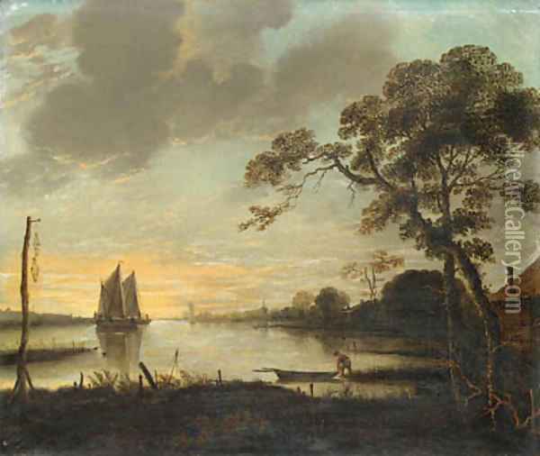 A River Landscape at Dusk with a Fisherman and a Rowing Boat, sailing boats beyond Oil Painting - Aert van der Neer