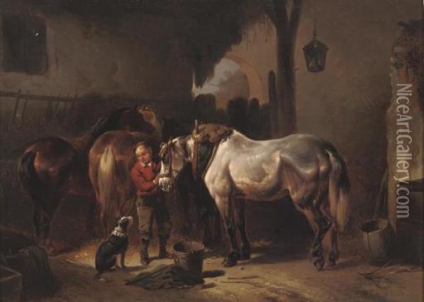 Tending To The Horses In A Stable Oil Painting - Wouterus Verschuur