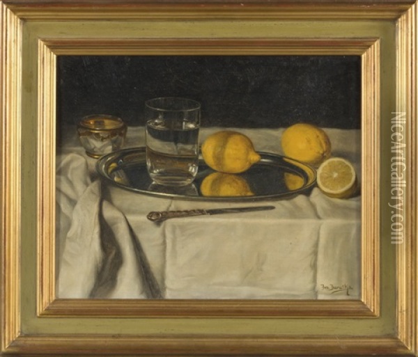 Stillleben Mit Wasserglas Und Zitronen Oil Painting - Josef Jurutka