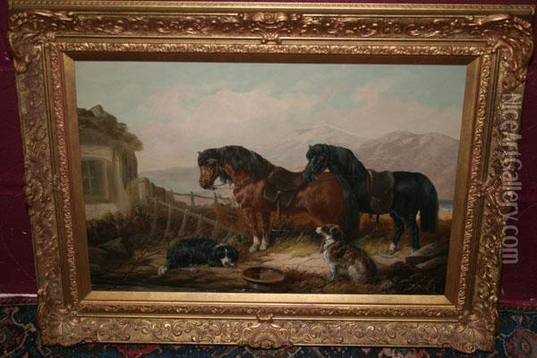 Two Ponies And Two Dogs Oil Painting - John Frederick Herring Snr