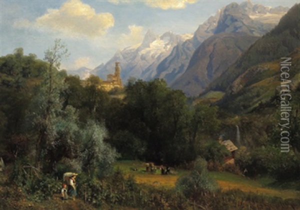 Weinernte In Sudtirol Mit Blick Auf Eine Burg Oil Painting - Eduard Schoenfeld