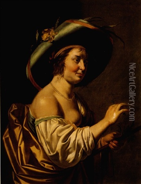 A Shepherdess Wearing A Large Blue Hat Decorated With An Iris And Holding A Staff Oil Painting - Jan Van Bijlert
