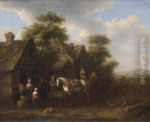 A Village Scene With Horsemen Halting Near Farmhouses And Other Figures Conversing Oil Painting - Barent Gael
