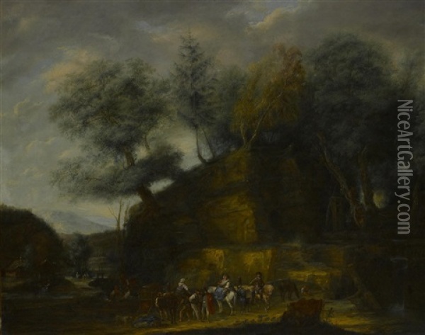 A Rocky Landscape With Figures In The Foreground Oil Painting - Jean-Louis Demarne