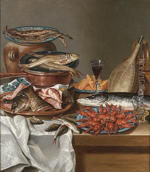 A Still Life Of A Plate Of Herrings On An Urn, Trout On A Copper Saucepan, A Dish Of Filleted Fish, A Bottle And A Glass Of Wine, A Salmon, Baby Lobsters On A Plate And A Bottle Of Olive Oil On A Table Draped With A White Cloth Oil Painting - Anton Friedrich Harms