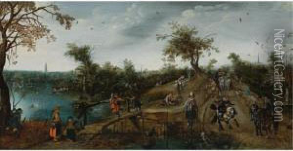 An Extensive Landscape With 
Princes Maurits And Frederik Hendrik Nassau In A Carriage And Other 
Elegant Travellers Passing A River, A Huntsman In The Left Foreground 
And The Tower Of The Grote Kerk Beyond Oil Painting - Adriaen Pietersz. Van De Venne