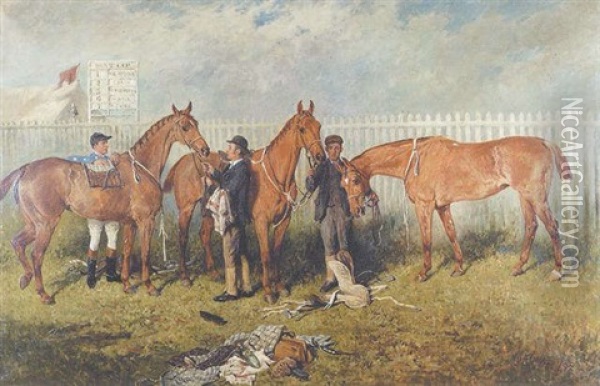 The Dumfrieshire Hunt Point To Point 1890, Meadow Street, Winner, With Jockey, Groom, Two Other Horses And A Groom Oil Painting - John Emms