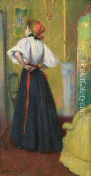 Looking At Herself In The Mirror Oil Painting - Federigo Zandomeneghi