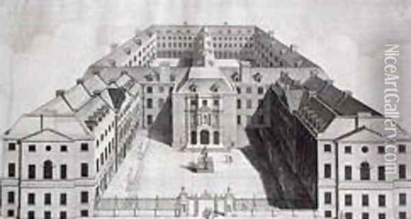 Birds-eye View of Guys Hospital, Southwark, with Figures in the Courtyard, engraved by William Henry Toms, c.1756 Oil Painting - Robert West