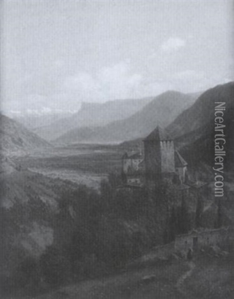 Schlos Tyrol (spat-nachmittag) Mit Blick Auf Meran, In Das Etschtal Oil Painting - Josef von Schloegl