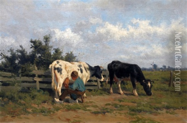 Koeien Melken Oil Painting - Herman Bogman I