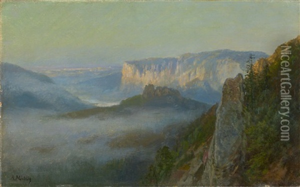 Nebel Im Elbsandsteingebirge Oil Painting - Bernhard Muehlig