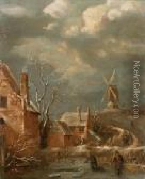 A Winter Landscape Oil Painting - Claes Molenaar (see Molenaer)
