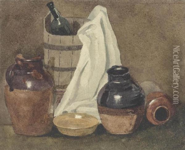 Still Life With A Wooden Pail 
And Stoneware Vessels Pencil And Watercolour With Scratching Out 6 1/8 X
 7.3.8 In Oil Painting - Peter de Wint