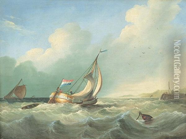 Dutch Fishing Vessels Off A Choppy Harbour Oil Painting - Frederick Davis