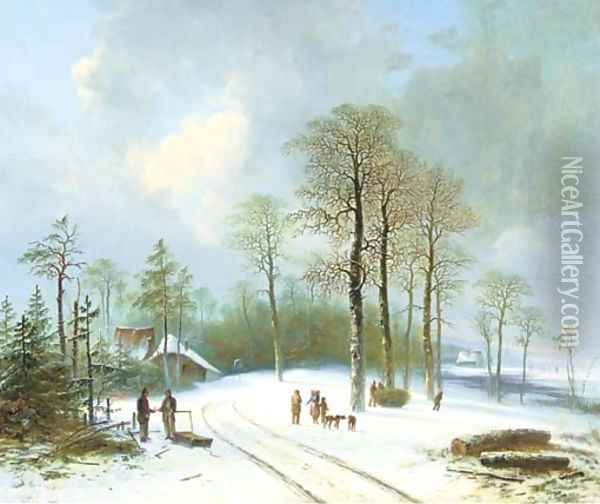 Figures on a snow-covered forest path Oil Painting - Acobus Loernsz. Sorensen