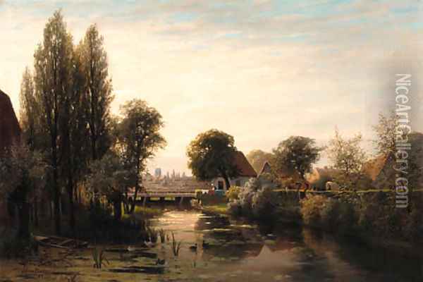 A Dutch village by a canal Oil Painting - Jacobus Johannes Van Poorten