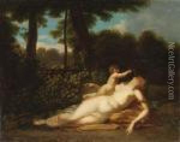 Une Nymphe Endormie Et Un Amour Oil Painting - Jean-Baptiste Mallet