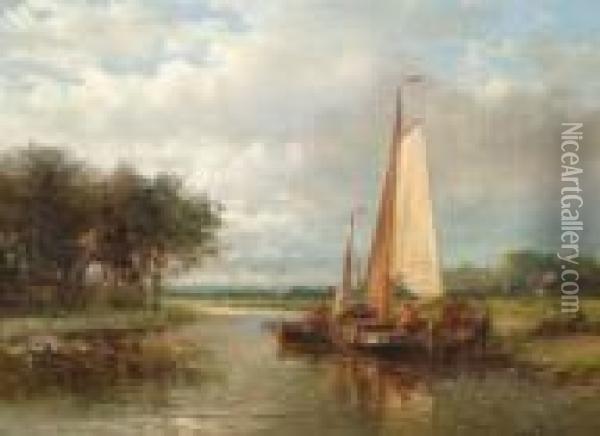 Figures On A Barge, In A A Tranquil River Scene Oil Painting - Abraham Hulk Jun.