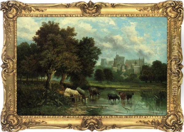 Cattle Watering On The Thames With Windsor Castle Beyond Oil Painting - Harry Foster Newey